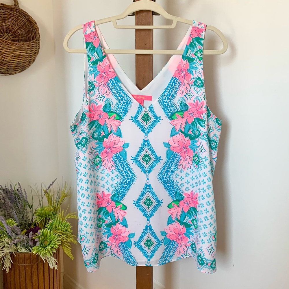 Lilly Pulitzer Florin V Neck Floral Top Girls Best Friend Print blue pink Tank L